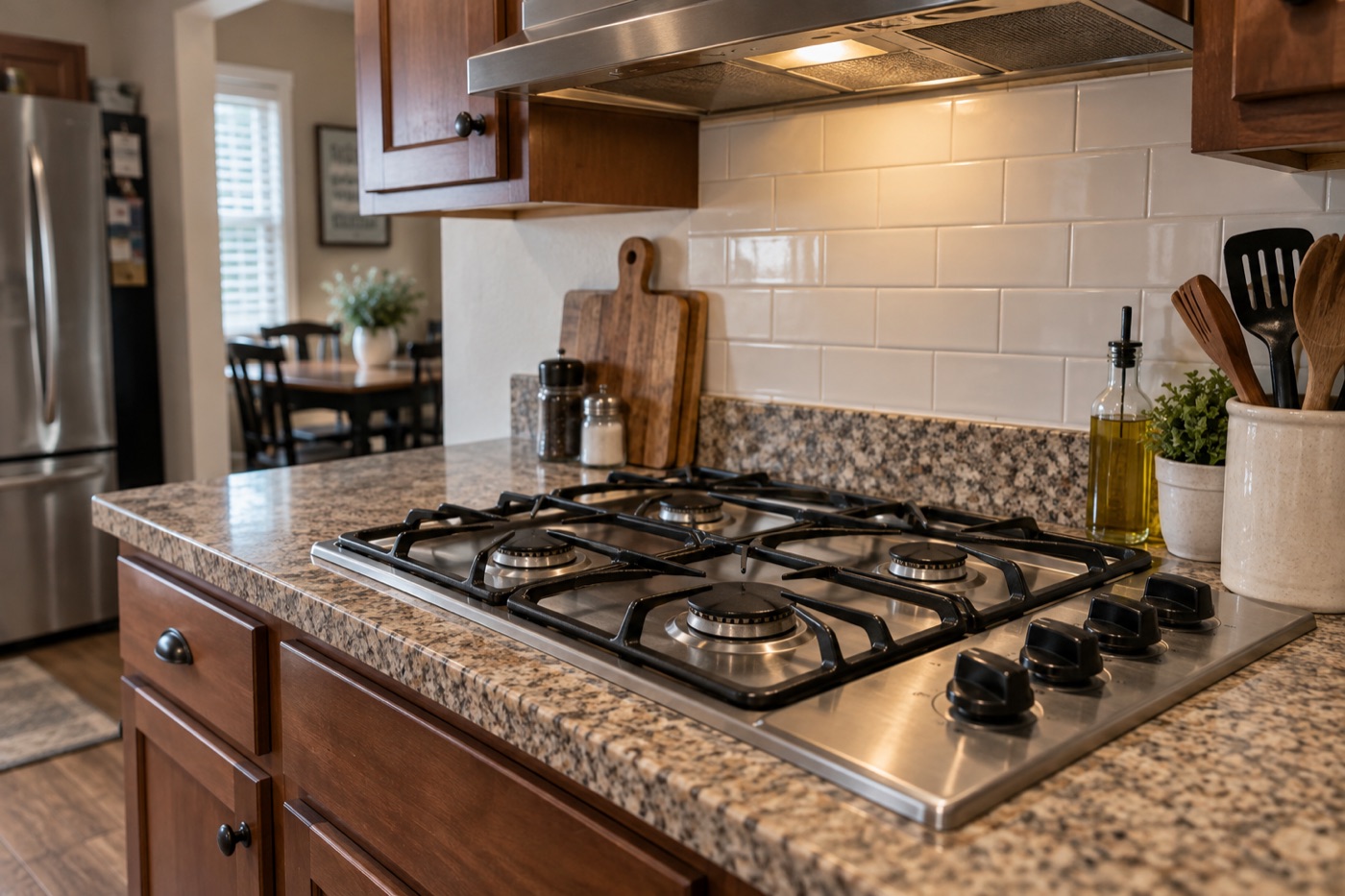 Stainless steel gas cooktop in a Houston kitchen