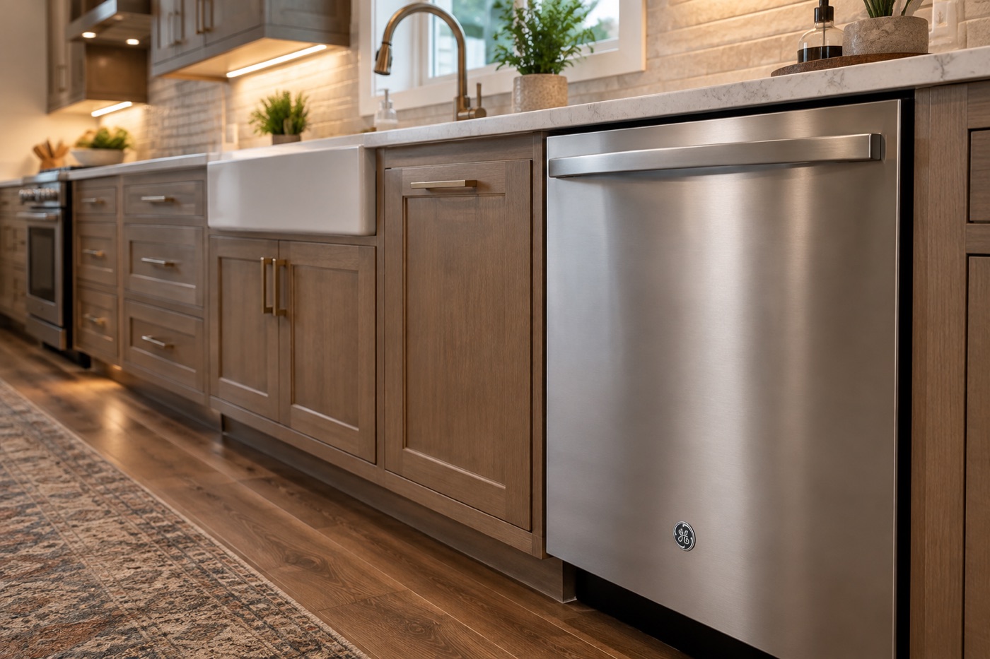 Built-in stainless steel GE dishwasher in a Houston kitchen