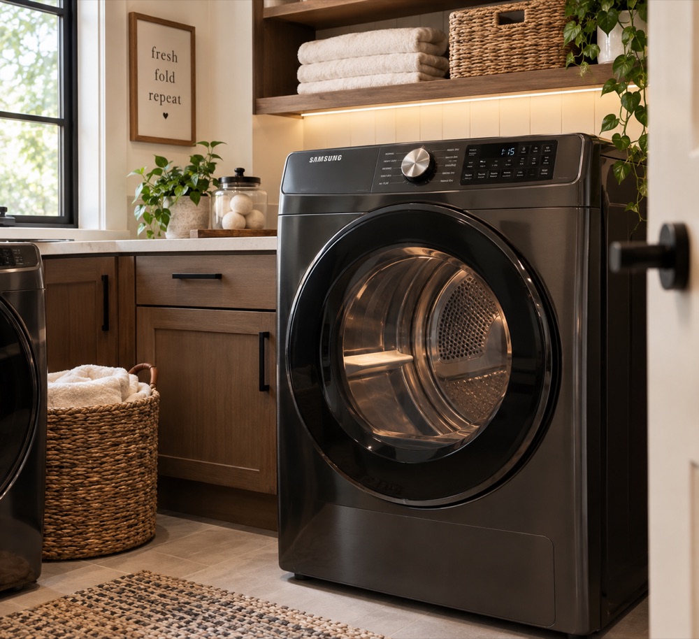 Samsung dryer with door open in a Houston laundry room