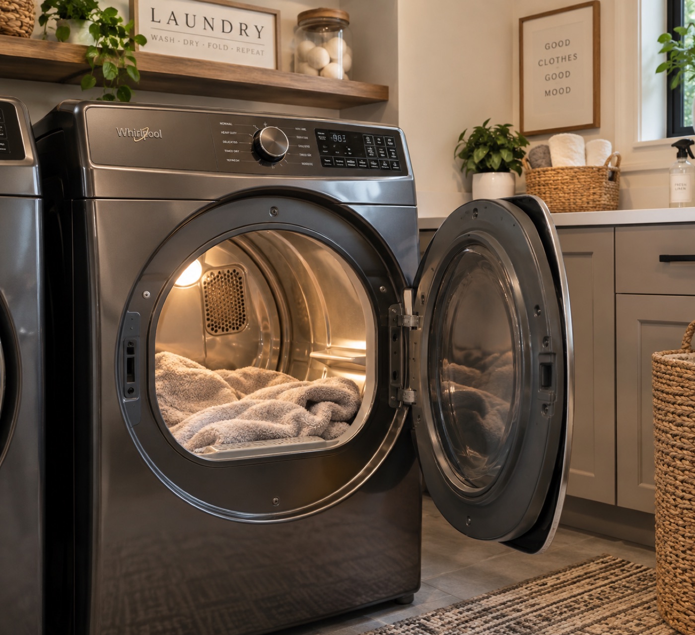 Whirlpool dryer with door open in a Houston laundry room