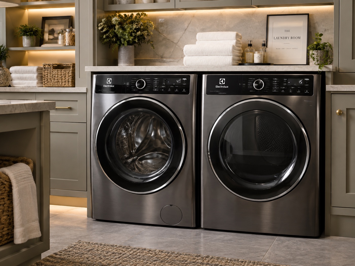 Laundry room with an Electrolux front-load washer and dryer pair in a Houston home