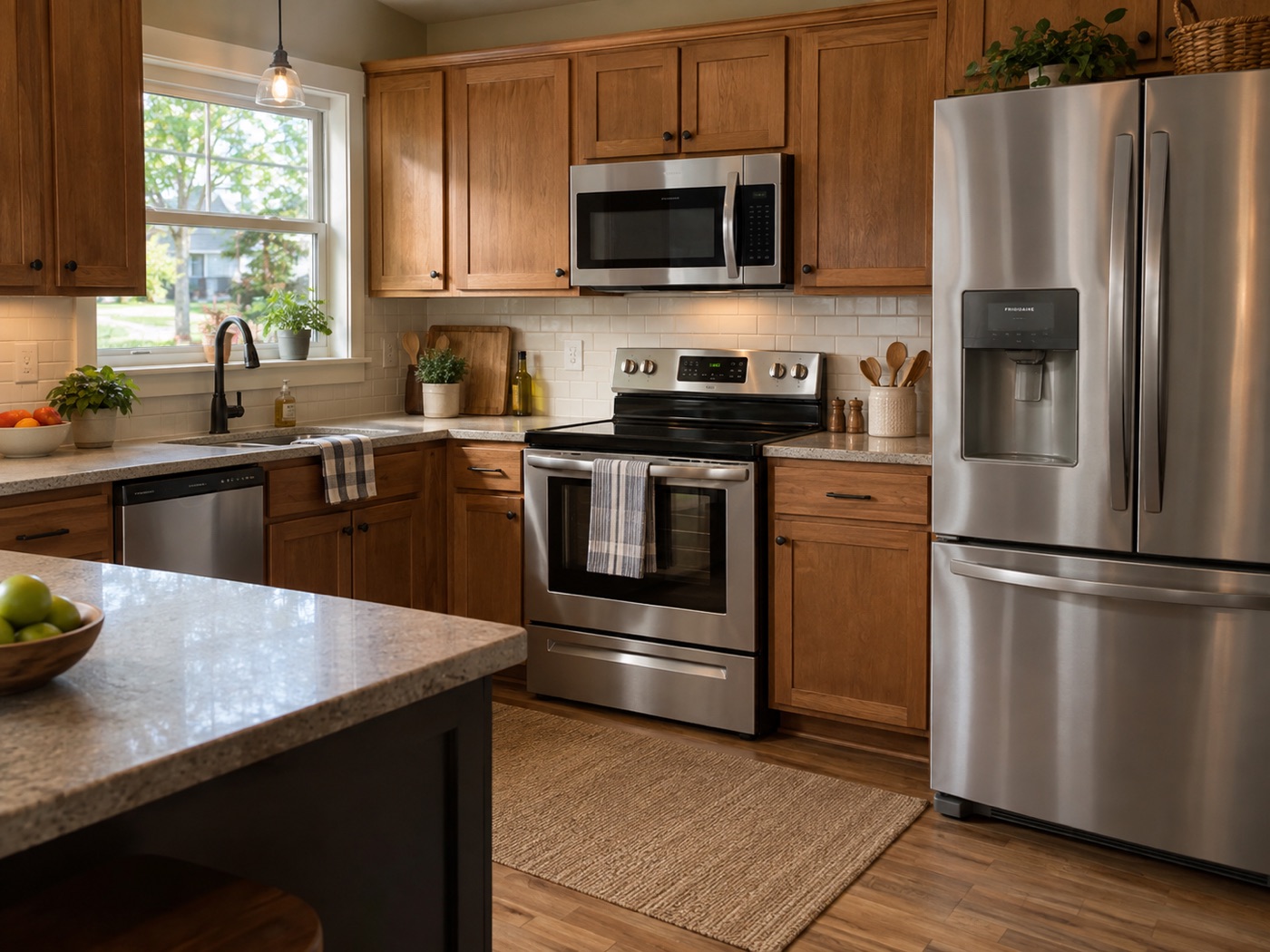 Kitchen with Frigidaire refrigerator, range, microwave, and dishwasher in a Houston home
