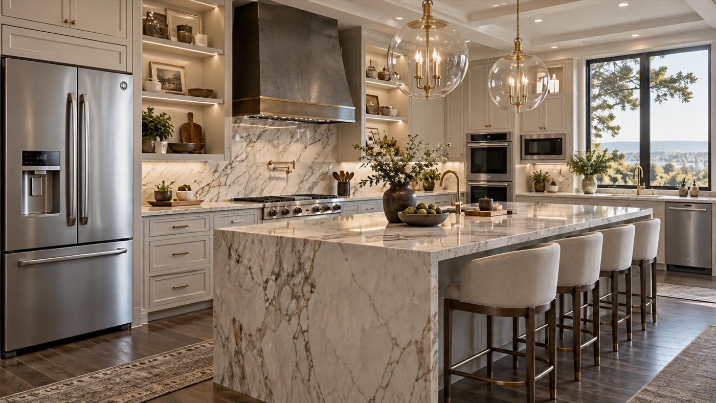 Kitchen with GE refrigerator, wall ovens, microwave, and dishwasher in a Houston home