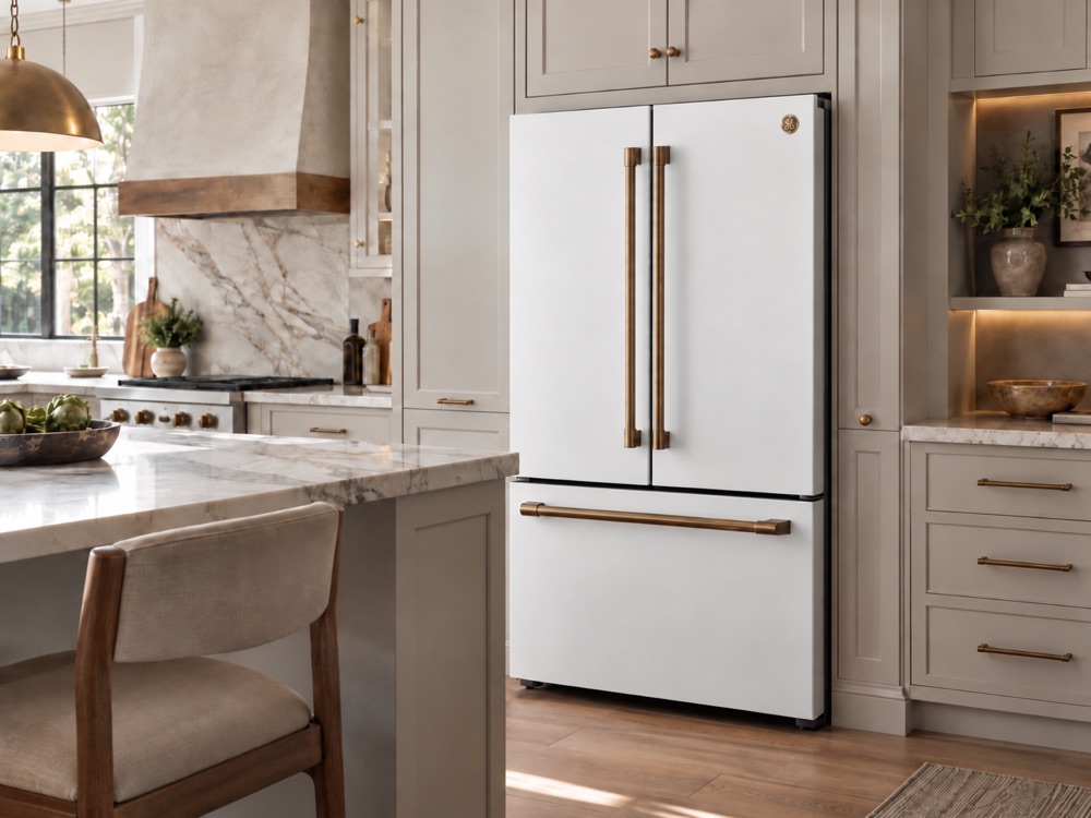 White GE Café French-door refrigerator with bronze handles in a Houston kitchen