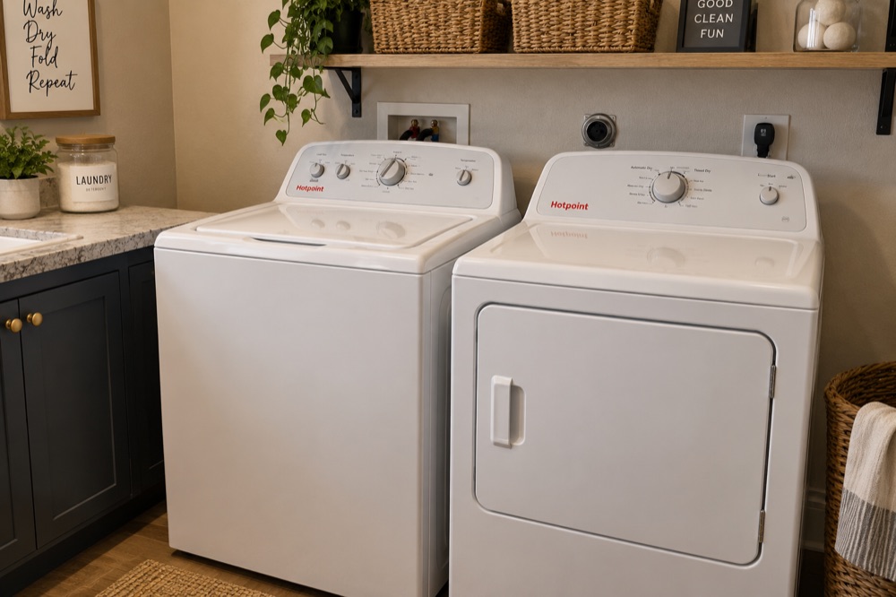White Hotpoint top-load washer and dryer pair in a Houston laundry room