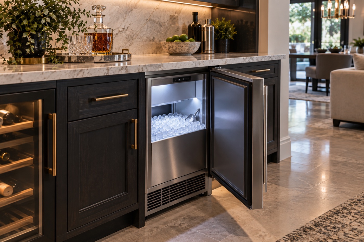 Built-in stainless steel ice maker with door open in a Houston home