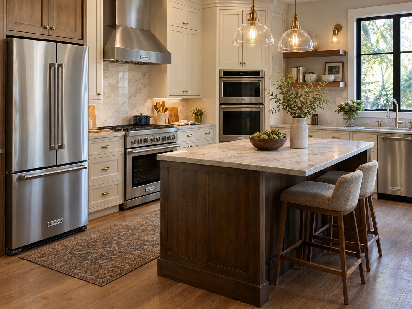 Kitchen with KitchenAid refrigerator, range, wall oven, and dishwasher in a Houston home