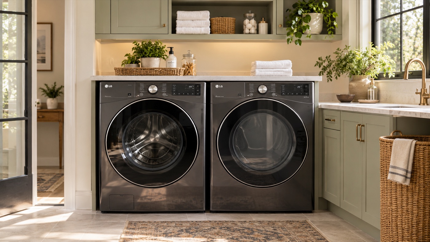 Laundry room with an LG front-load washer and dryer pair in a Houston home