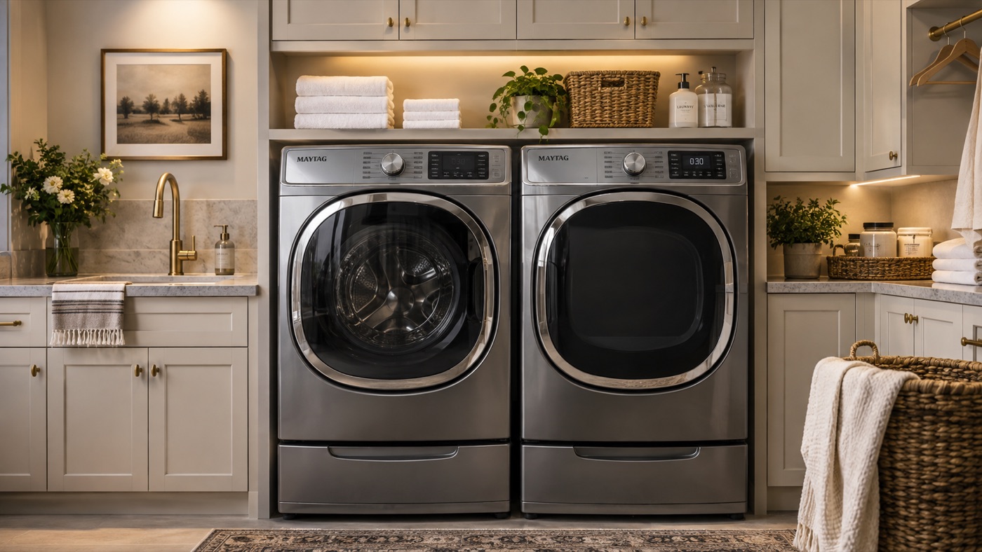 Laundry room with a Maytag front-load washer and dryer pair in a Houston home