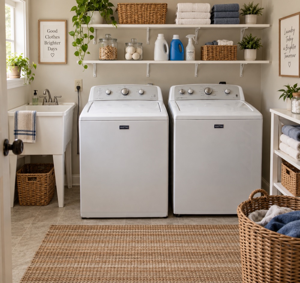 Maytag top-load washer and dryer pair in a Houston laundry room