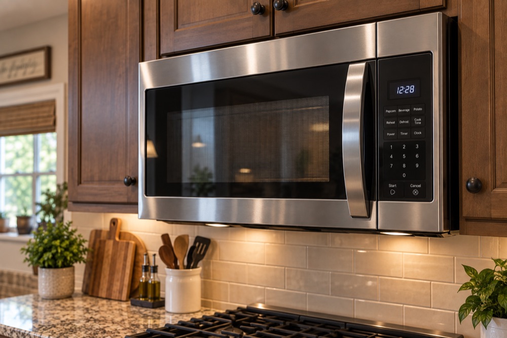 Over-the-range stainless steel microwave in a Houston kitchen