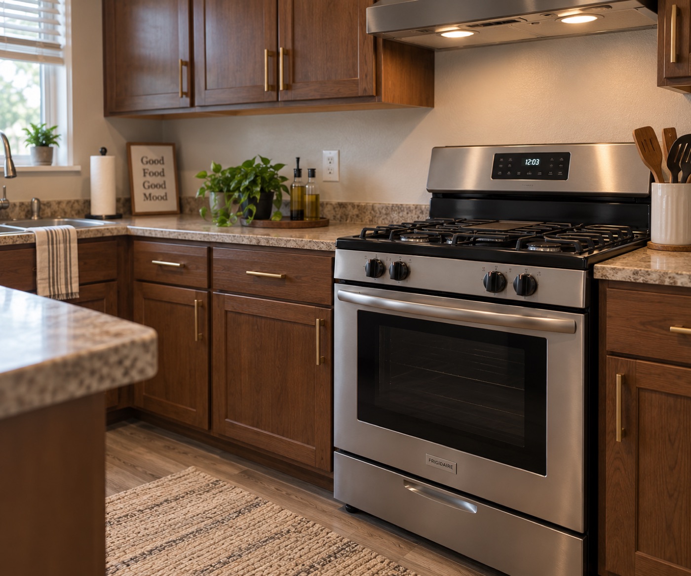 Stainless steel Frigidaire gas range in a Houston kitchen