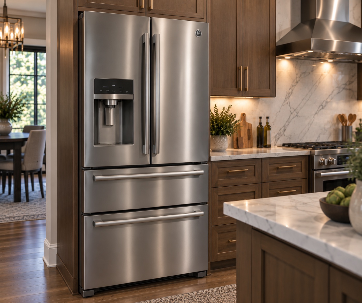 Stainless steel French-door refrigerator in a kitchen