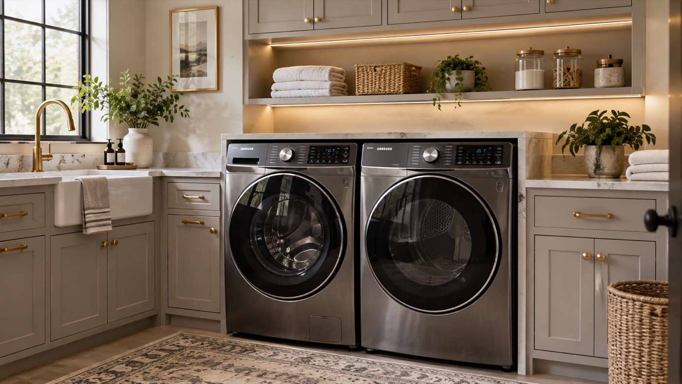 Laundry room with a Samsung front-load washer and dryer pair in a Houston home