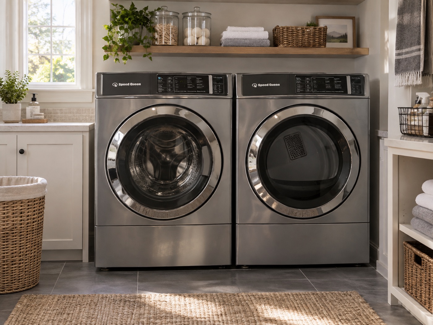 Speed Queen front-load washer and dryer pair in a Houston laundry room