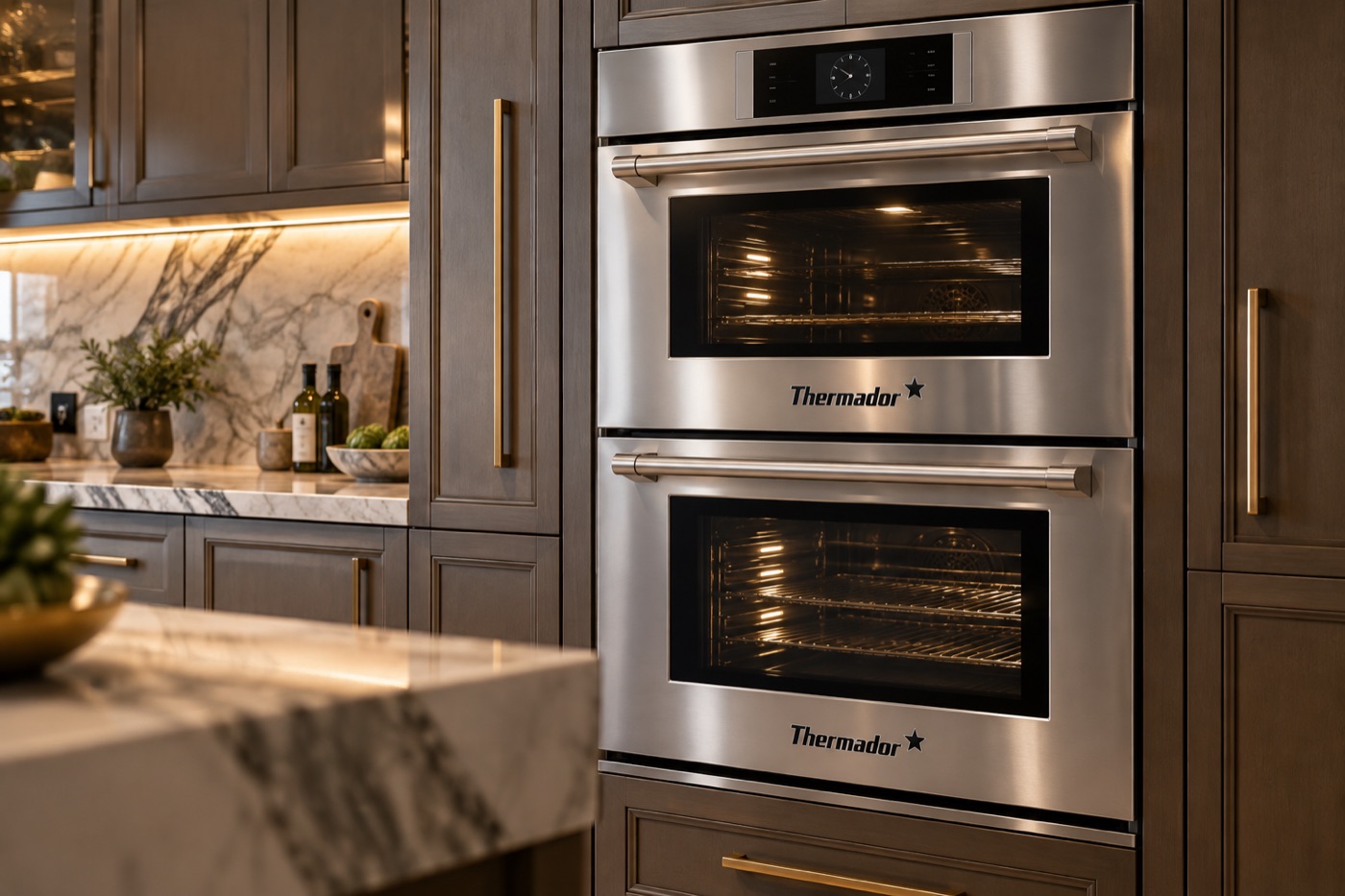 Thermador double wall oven built into cabinetry in a Houston kitchen