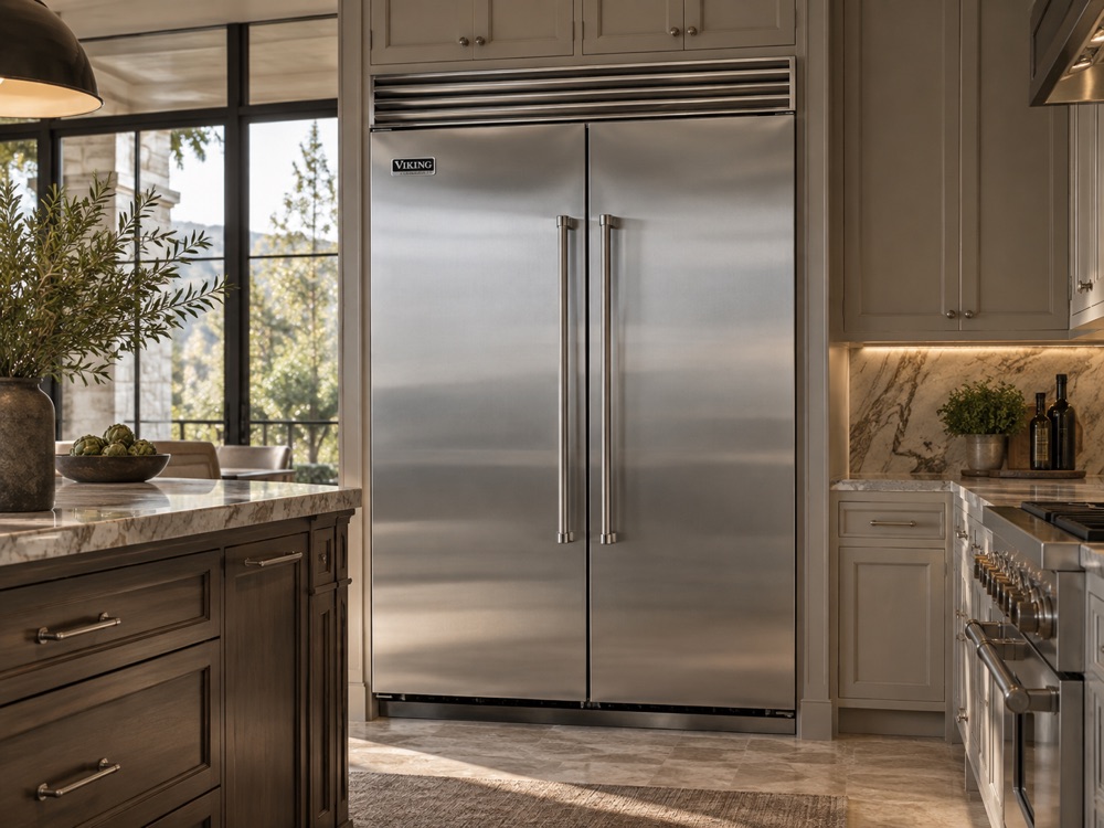 Built-in Viking side-by-side refrigerator in a Houston kitchen