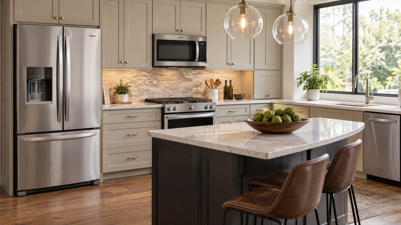 Kitchen with Whirlpool refrigerator, range, and microwave in a Houston home