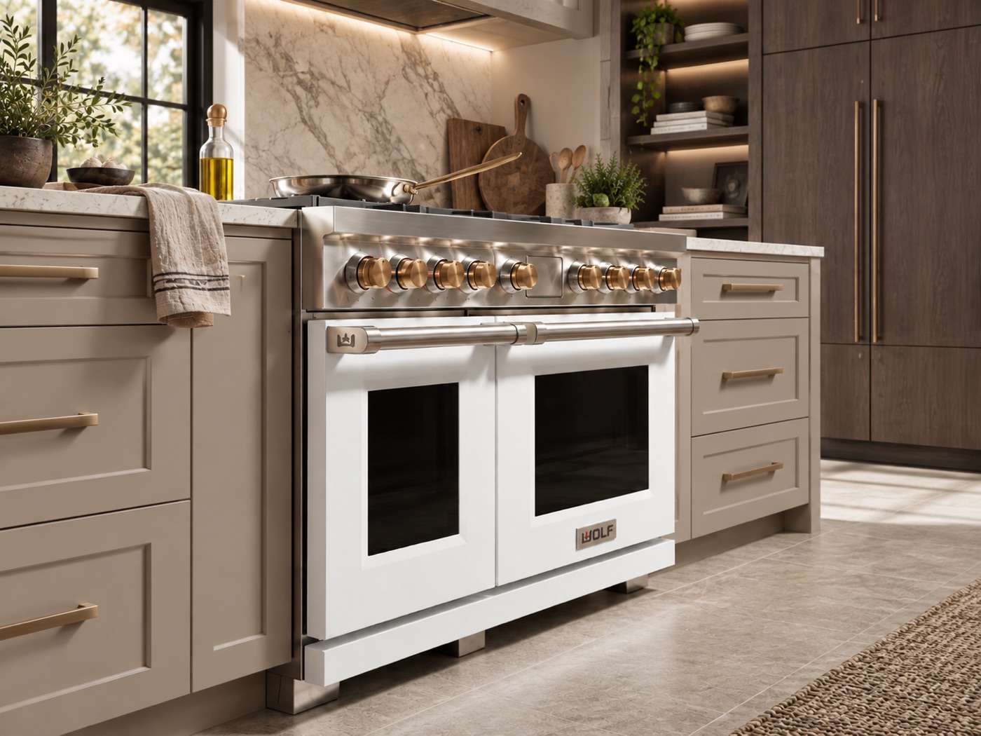 White and brass Wolf dual-fuel range in a Houston kitchen